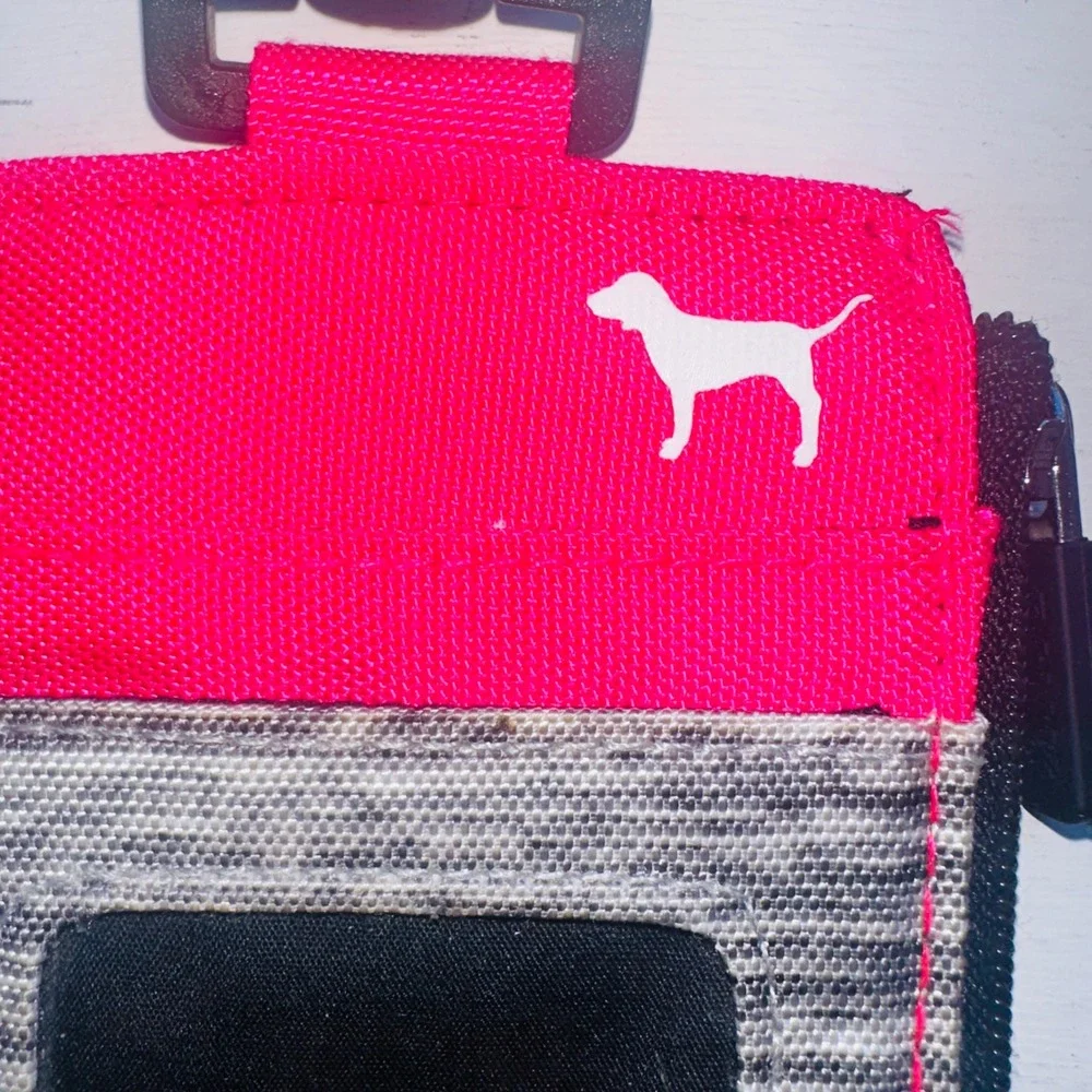 Pink Victoria's Secret Lanyard ID Case Wallet Neon Pink Gray Zipper Card Holder